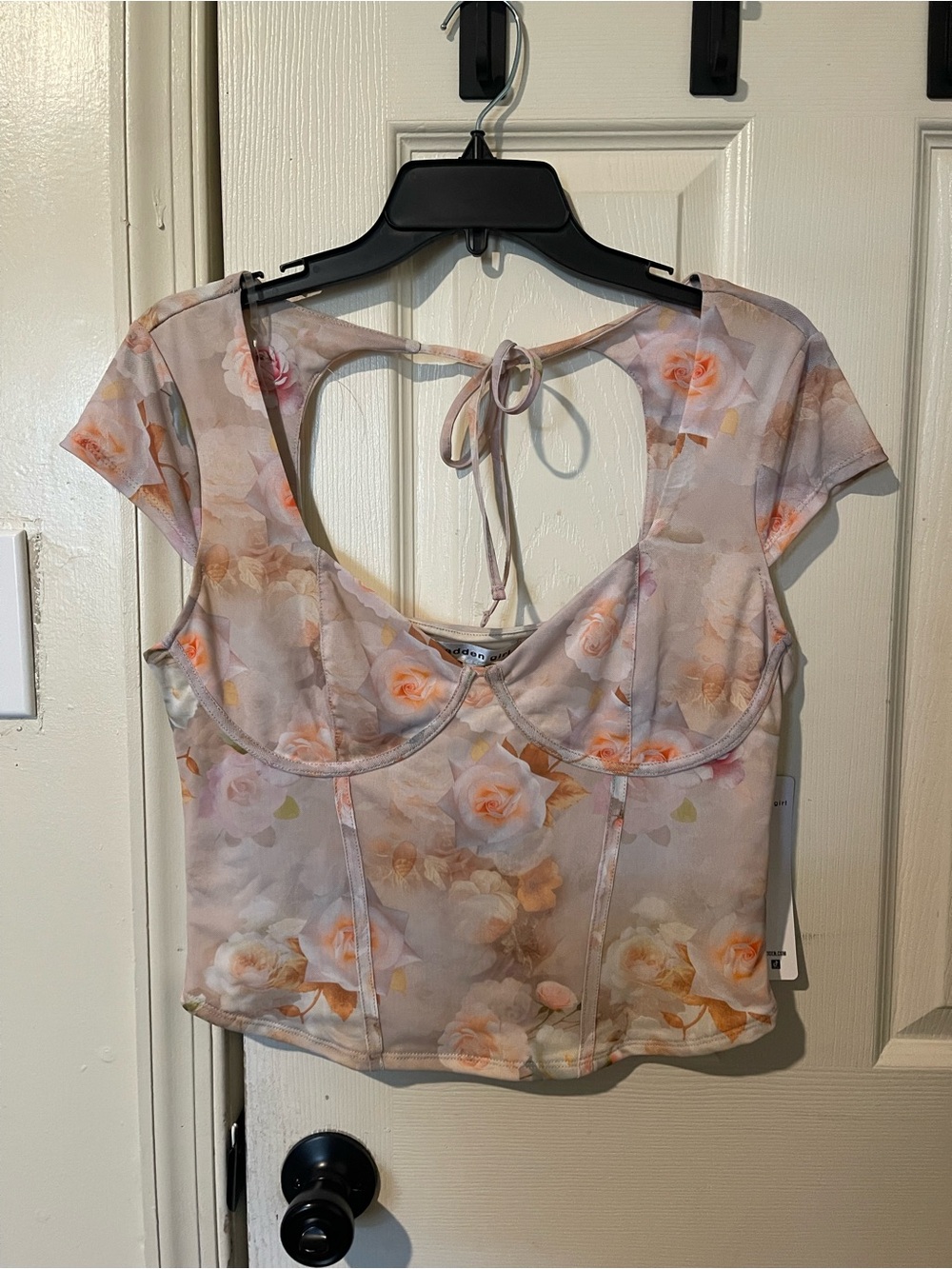 Madden Girl Cream Floral Crop Top with Pink Tie